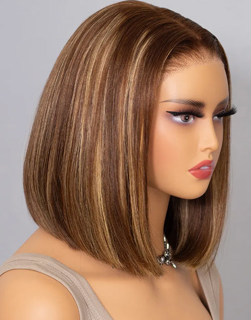 Tanisha- Highlight Honey Brown Straight Bob Wig Blunt Cut Glueless Pre Cut Lace Wig