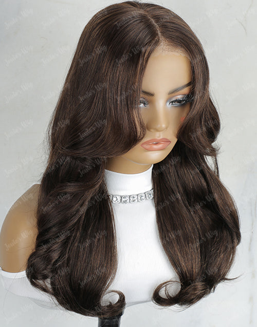 Chesnut Brown Wavy Layer Cut Glueless Wig With Curtain Bangs Pre Cut 9x6 Lace Human Hair