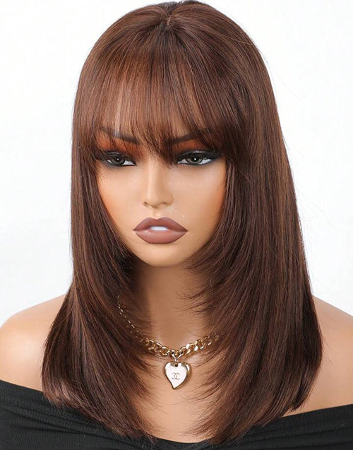 Brown Color Layered Bob Short Straight 5x5 Lace Wigs With Bangs Glueless Wig