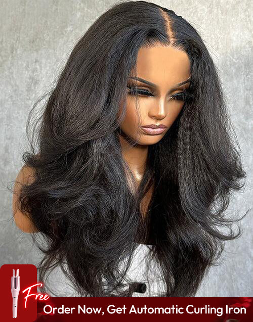 22" Kinky Straight Wave Wig 7x5 Pre Cut Lace Do Braids Straighten by Yourself Flash Deal