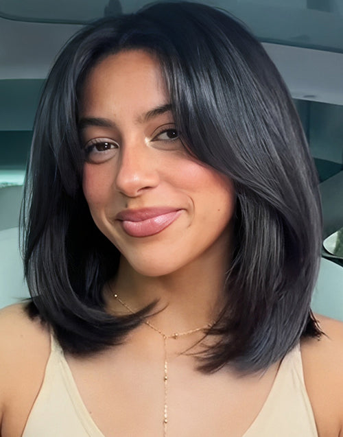 12" Curtain Bangs Bob Layered Cut Wig Pre Cut 7x5 Lace Flash Deal