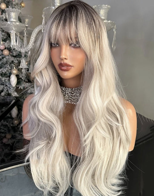 Saudy- Ombre Ash Blonde Wavy Lace Front Wig With Bangs Human Hair Gluless Wig