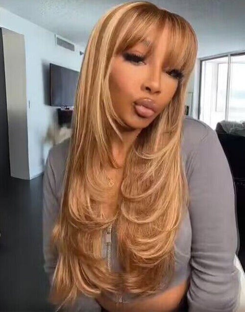 20" Highlight Brown Straight Layer Cut Wig With Bangs Pre Cut 6x5 Lace Flash Deal