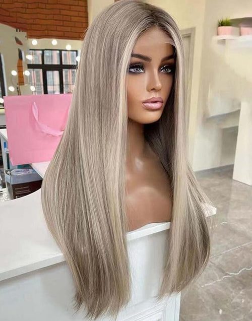 14" 18" 30" Highlight Ash Blonde Straight Wig 13x4/4x4 Lace With Grey Roots Flash Deal