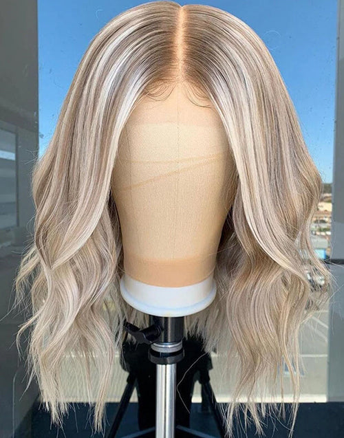 Cassie- Light Blonde With Brown Highlight Wavy 13x4 Lace Wig Mid Length For Women