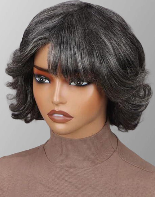 Arit- Medium Salt & Pepper Natural Wavy Bob Wig With Bangs For Women Glueless Wig Silver Gray Non Lace Wig