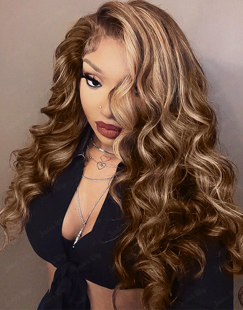 Aurora- Highlights Honey Brown Loose Wavy 13x4 Frontal Lace Glueless Wig Human Hair