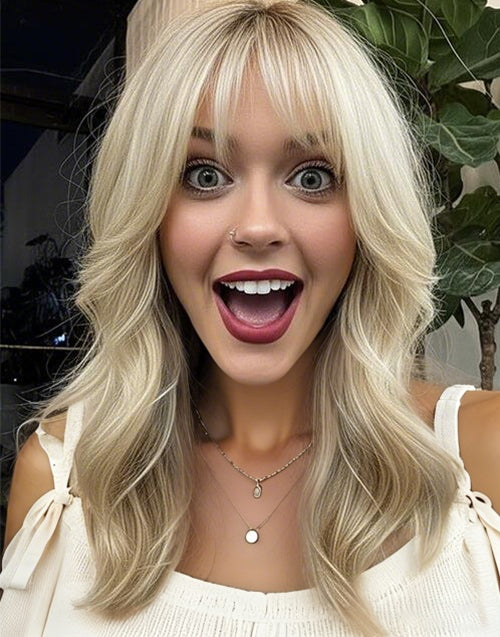 Mayra- Wispy Bangs Highlight Ombre Blonde Light Root Wavy Glueless Wig