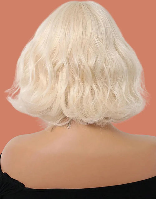Bianca- #60 Platinum Blonde Short Wavy Bob With Bangs 13x4 Lace Front Glueless Wig For Women