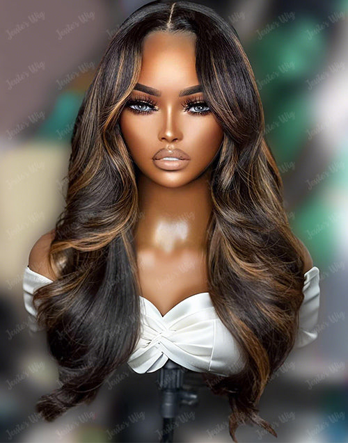 Namila- Hairstylist Inspired Brown Highlight Layered Wavy Wig Pre Cut Lace Glueless Wig