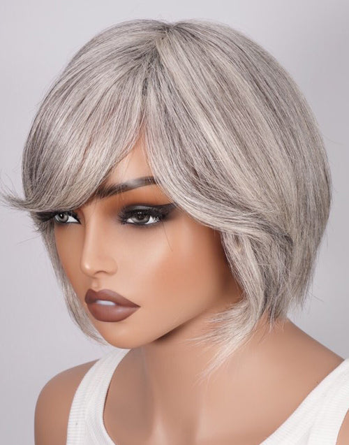 Toya- Highlight Light Grey Straight Wig With Side Bangs Full Basic Cap 100% Human Hair Wigs Short Cut Style