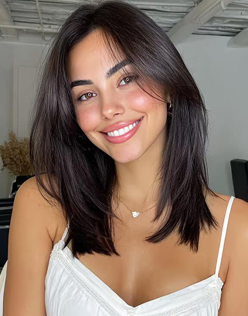 Claudia- Black/Brown Color Natural Straight Layers Bob Wig With Curtain Bangs For Daily Wear Glueless Wig Human Hair