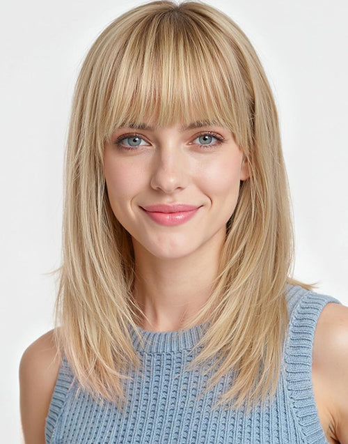 Votta- Minimalist Lace Ombre Blonde Mixed Light Brown Straight Layered Bob Wig With Bangs Glueless Wig