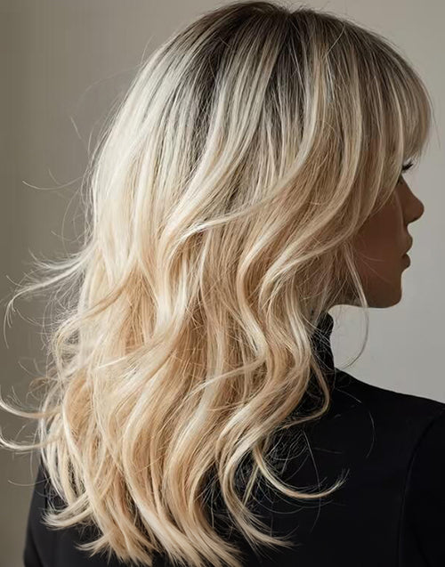 Shirlyn- Minimalist Lace Ombre Golden Blonde Layered Wavy Wig With Bangs For Women