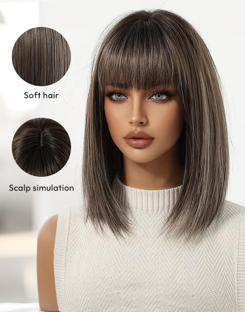 Daria- Minimalist Lace Highlight Dark Brown Blonde Straight Bob Wig With Bangs