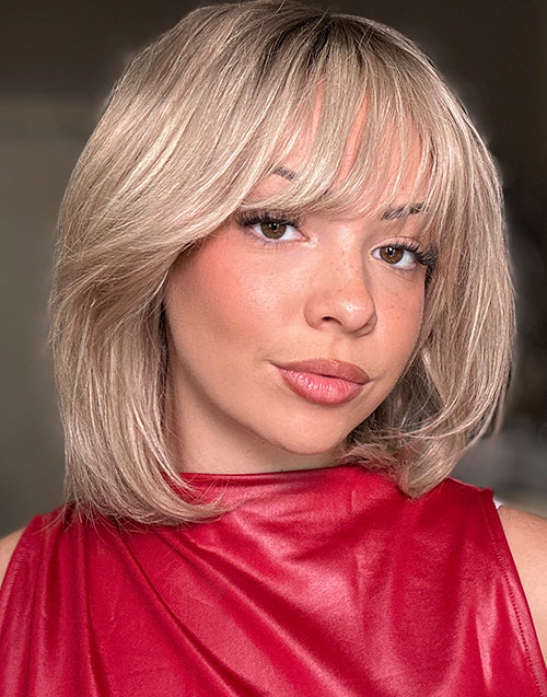 Lolita- Ombre Ash Blonde  Layered Bob Wig With Bangs Minimalist Lace Glueless Wig