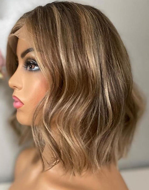 Mamie- Blonde Highlight Bob Wavy Wig Glueless 13x4 Lace Front Human Hair Wig