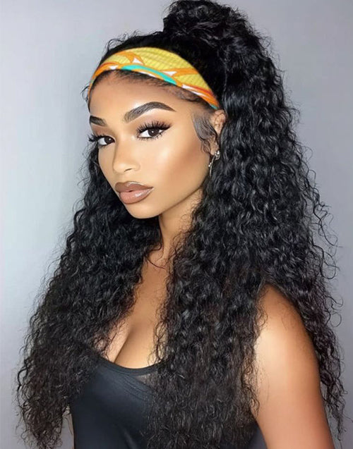 26" Water Wave Headband Human Hair Wig Easily Do High Ponytail/Bun By Yourself Flash Deal