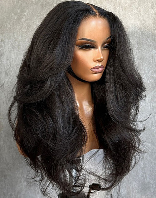 22" Kinky Straight Wave Wig 2 Styles Randomly Transform 7x5 Pre Cut Lace Flash Deal