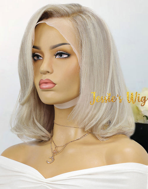 Lay-Layered Bob Natural Highlight Ash Blonde With Dark Roots Color Wig Collar bone length haircuts