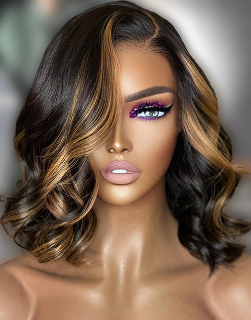 Tawnie- Highlight Honey Wavy Bob Wig Side Part Pre Cut Lace Human Hair Glueless Wig