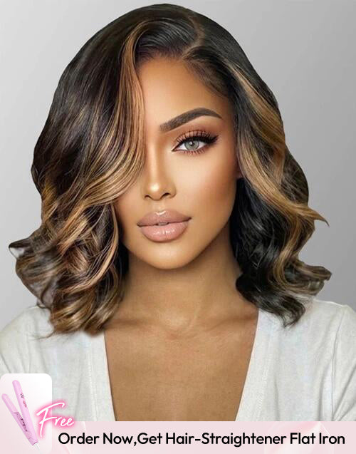 14"  Highlight Honey Wavy Bob Wig 7x5 Pre Cut Lace Human Hair Glueless Wig Flash Deal