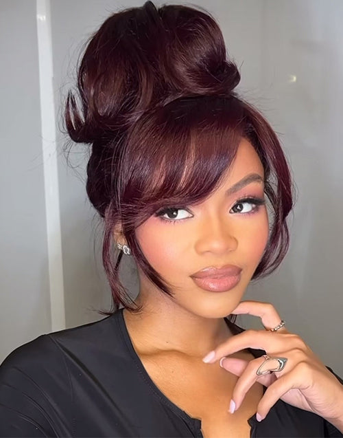 [Ready To Ship Only For US] Ethel- Burgundy Colored Curtain Bangs Layered Wavy 13x5 Pre Everything Glueless Wig