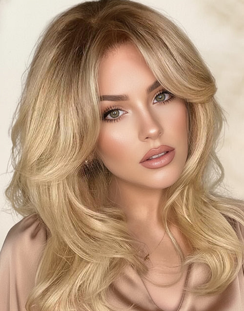 Tiffany- Curtain Bangs Ombre Blonde With Brown Root Wavy Lace Front Glueless Wig For Women