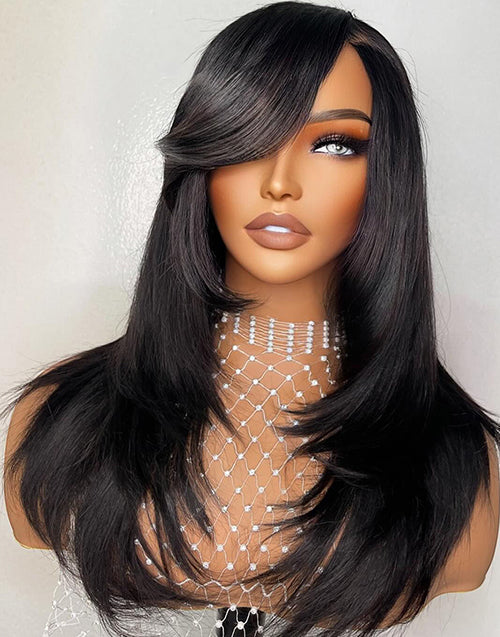 With Sideswept Glueless Straight 13x5 Pre Cut Lace Layer Cut Wig Human Hair