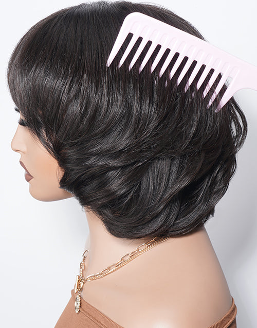 Yaimy- Minimalist Lace Layered Wolf Cut Short Wavy Bob Wig With Bangs Human Hair Glueless Wig