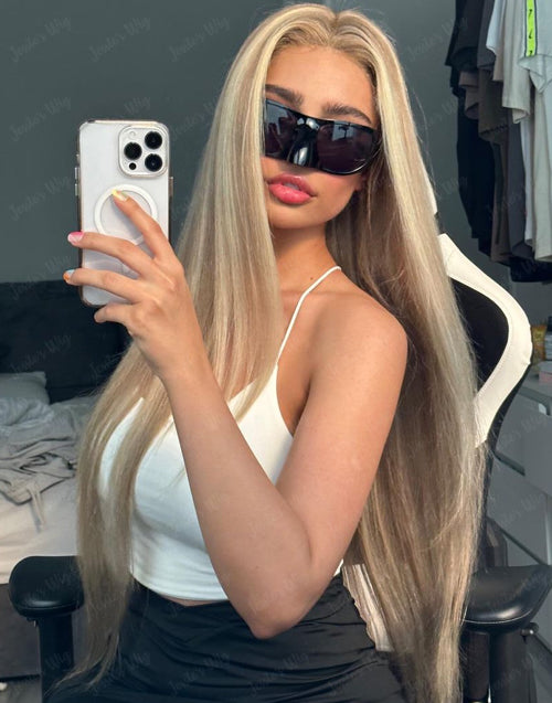 Yuli-Super Deal Ombre Golden Blonde Balayage Brown Highlight Straight 13x6 Lace Front Wig Medium Cap Size Limited