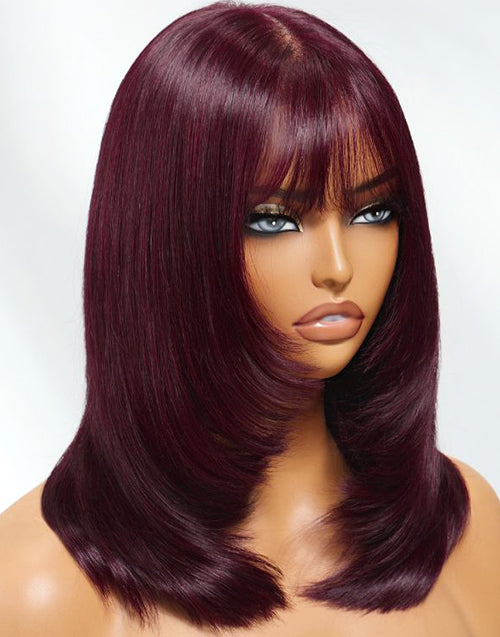 Page- Burgundy Layer Cut Straight Bob Wigs With Bangs No Glue No Gel Fringe Wigs