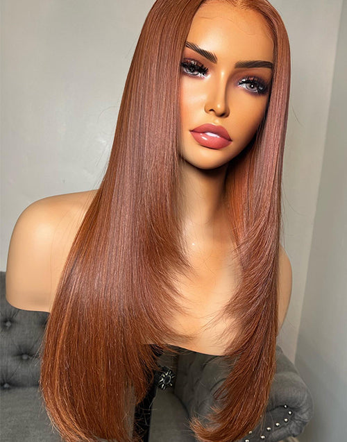 Ginger Reddish Colored Layer Cut Straight Hair 13x5 Pre Cut Lace Glueless Wig