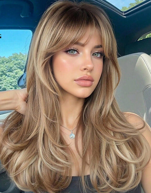 Alba- Minimalist Lace Brown Ombre With Blonde Wavy Layered Wig With Curtain Bangs Dark Roots Wigs For Women