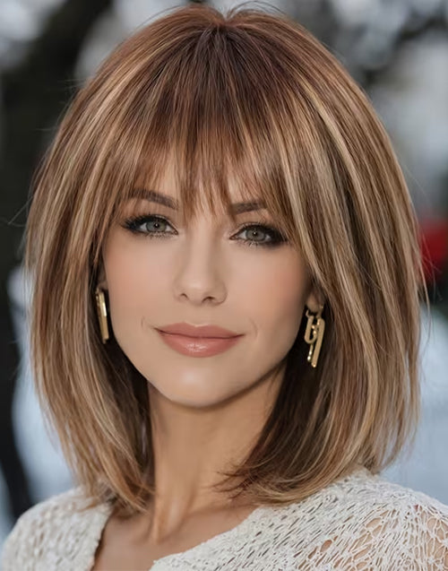 Dra- Minimalist Lace Highlight Honey Brown Straight Blunt Cut Bob Wig With Bangs Glueless Wig