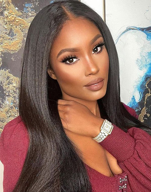 18"-24" Kinky Straight Thin V Part Wig Human Hair Flash Deal