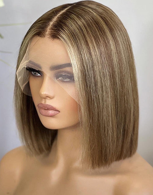 Latia- Ombre Blonde Straight Bob Wig Light Brown Highlights Human Hair True-Hold Glueless Wigs