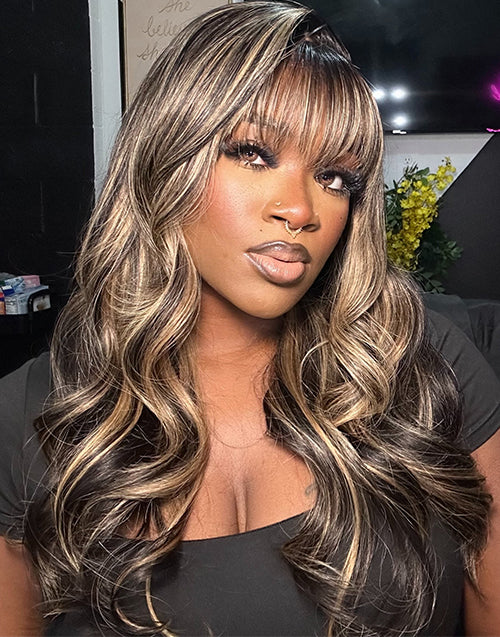Shawn- Highlight Honey Body Wave Wig With Bangs Glueless Wigs Pre Cut Lace