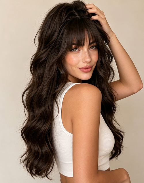 26" Dark Brown Body Wave Pre Cut 13x5 Lace Glueless Wig With Bangs Flash Deal