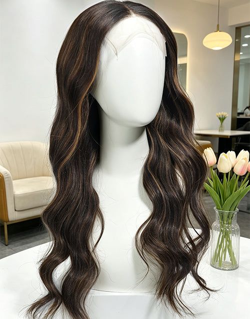 Laura-  True-Hold Glueless Wig Fashion Balayage Wavy 13x4 Lace Frontal Human Hair Wig Mid Length