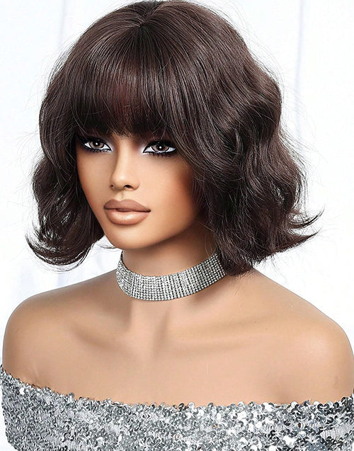 Leola- Dark Brown Short Wavy Wig With Bangs Natural Looking Shoulder Length Wig For Women Daily Wear Hairstyle