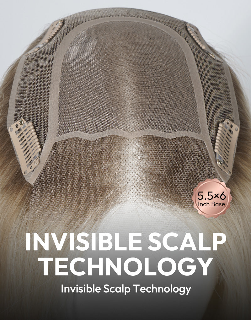 Close-up of 5.5x6 inch fine mono human hair topper featuring invisible scalp technology with front lace.