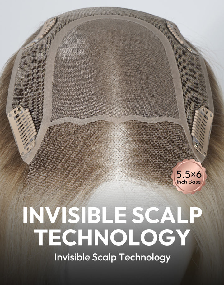 Close-up of 5.5x6 inch fine mono human hair topper featuring invisible scalp technology with front lace.