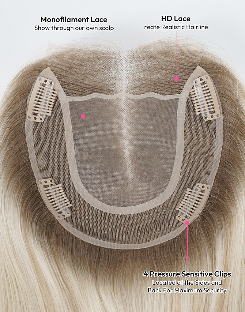 Inside view of 5.5x6 fine mono human hair topper base featuring HD lace frontline.