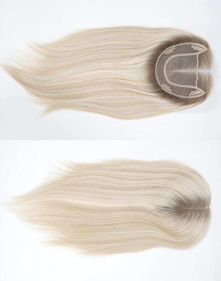 Split view showing the inside cap construction with clips and top outer view of a 5.5x6 fine mono human hair topper in ash blonde with dark roots.