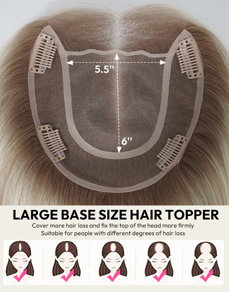 Infographic showing 5.5x6 inch base dimensions of a large hair topper.