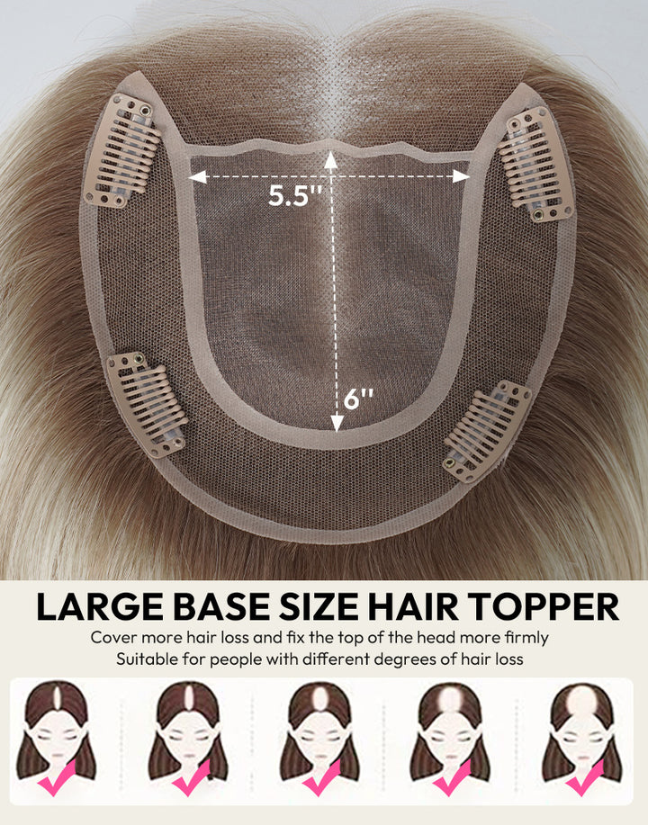 Infographic showing 5.5x6 inch base dimensions of a large hair topper.