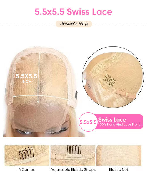 Inside detail of Jessie's Wig featuring a 5.5x5.5 inch 100% hand-tied Swiss lace front cap with 4 combs, adjustable elastic straps, and elastic net.