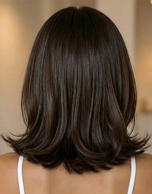 Jaimee- Dark Brown Layered Cut Bob Wig Middle Part Glueless Wig Pre Cut Lace