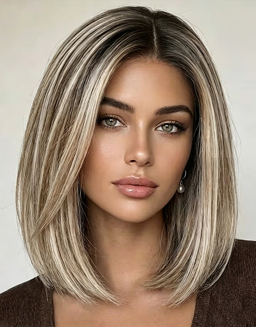 Netina- Ombre Ash Blonde Highlight Straight Bob 13x4 Lace Wig With Dark Roots Human Hair